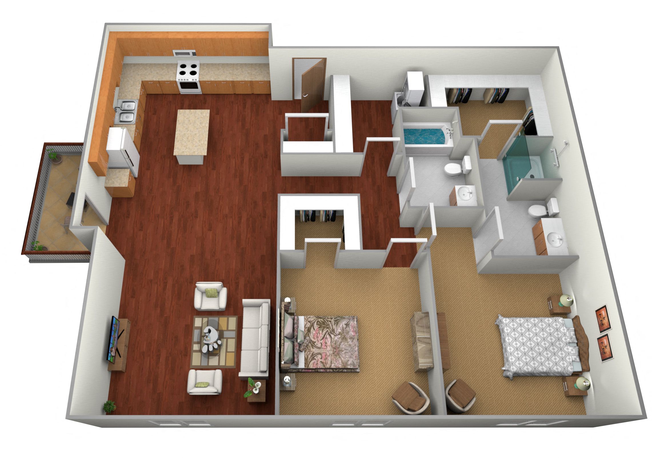 Floor plan for 2 beds, 2 baths, 1230 sqft